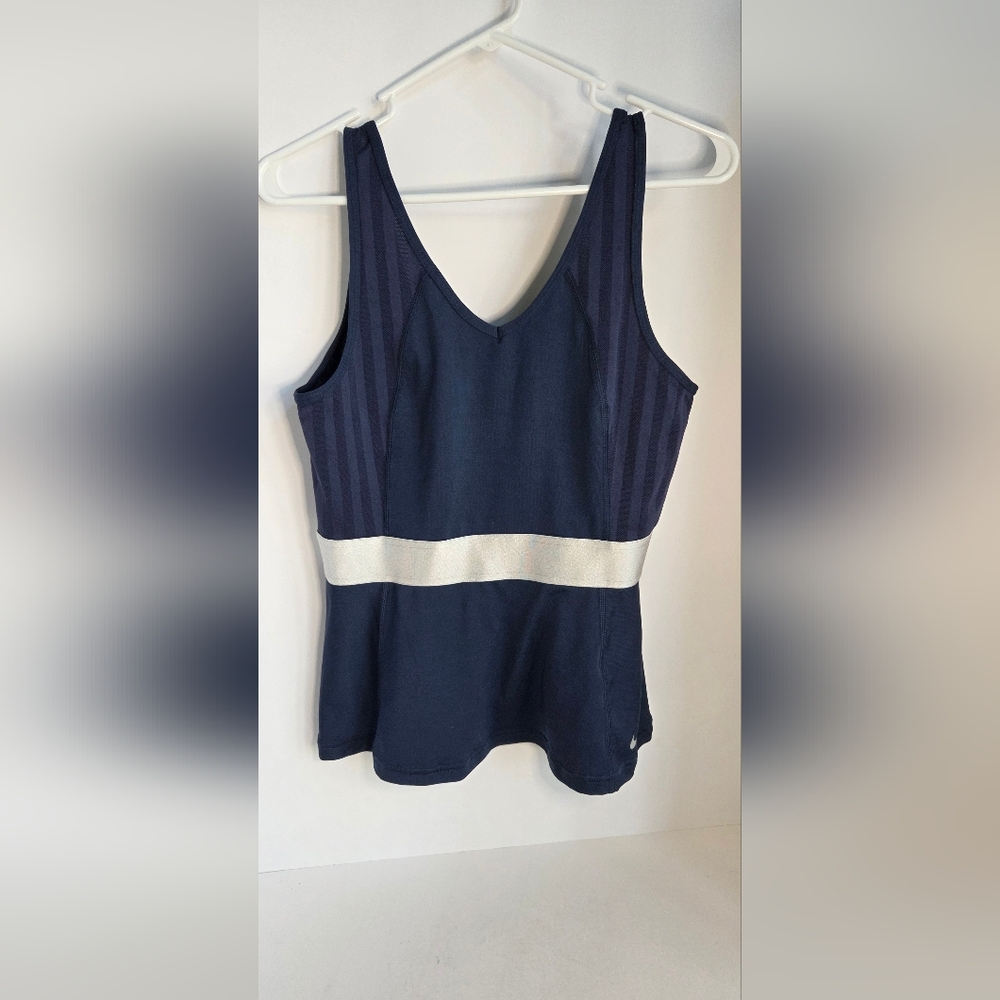 Nike Blue Dri Fit Sleeveless Tank Top W/ White Belt Detail & Sheer Straps Size L